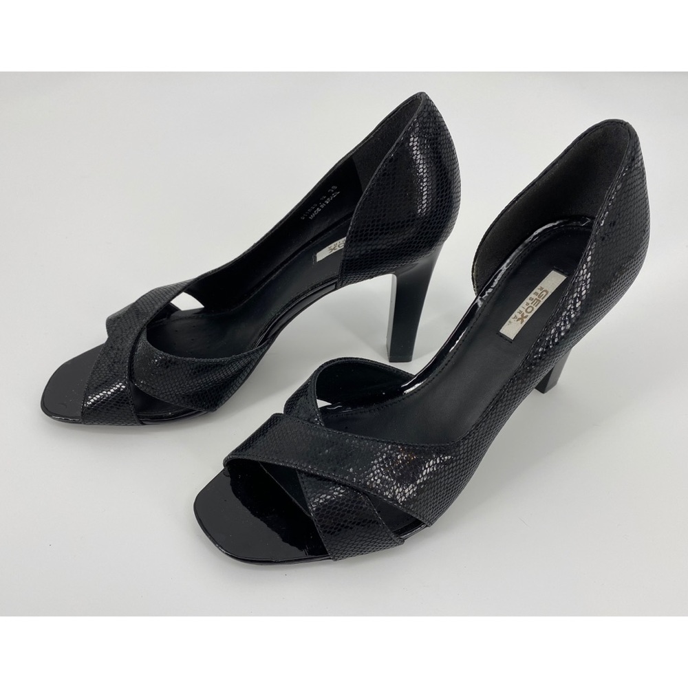 Geox Black Open Toe Metallic Block Heel Pumps